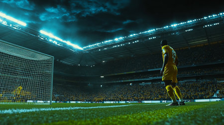 Soccer player in action on the field of stadium at night.の写真素材