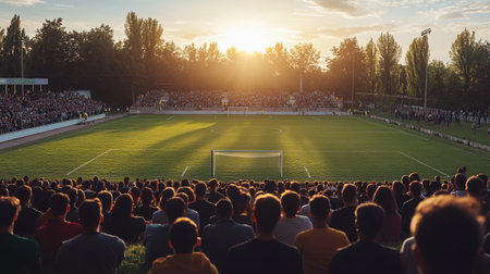 Football fans watching the match on the tribune of the stadium.の写真素材