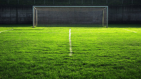 Soccer goal on green grass field with copy space. Sport backgroundの写真素材