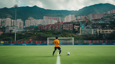 soccer player in action on the football field at hong kongの素材