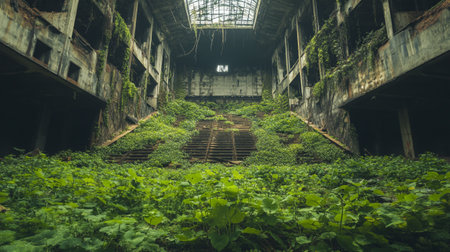Abandoned industrial building in the middle of the jungle with green plantsの写真素材