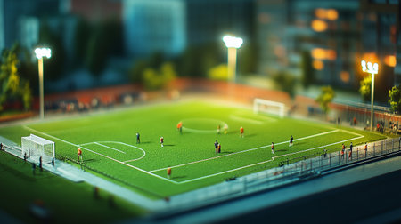 Miniature soccer field at night. 3d rendering and illustration.の写真素材