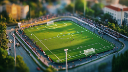 Aerial view of football stadium with crowd of soccer fans and spectatorsの写真素材