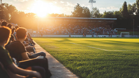 Football or soccer fans waiting for the match in the stadium at sunsetの写真素材
