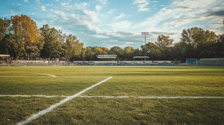 Football field in the evening with blue sky and green grass, vintage styleの写真素材