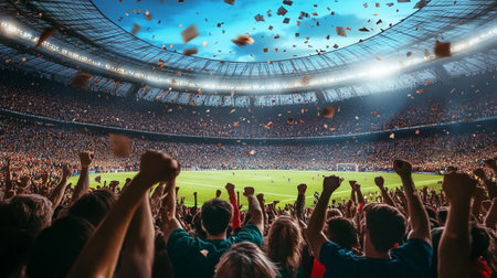 Soccer fans cheering with raised hands at the stadium. 3D renderingの写真素材