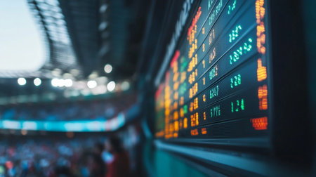Football or soccer scoreboard screen at the stadium. Blurred background.の写真素材