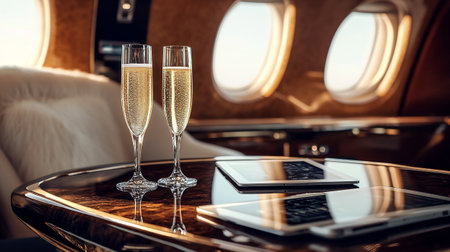 Glasses of champagne on the table in private jet. Luxury travel conceptの写真素材