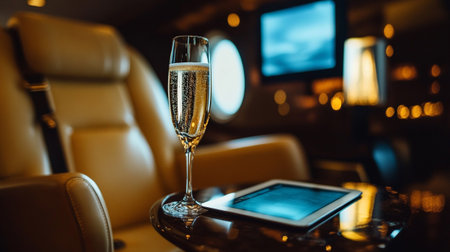 Glasses of champagne on the table in the interior of the planeの写真素材