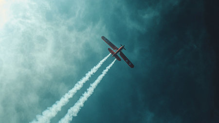 Airplane in the blue sky with smoke. 3d illustration.の写真素材