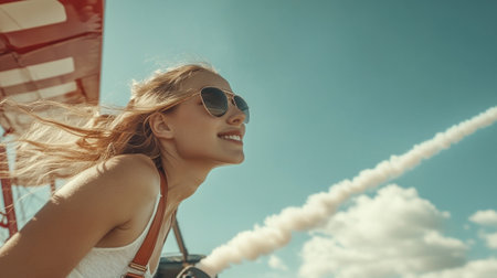 Portrait of young beautiful girl in sunglasses on the background of the summer sky.の写真素材