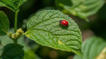 Ladybug on a green leaf in the garden. Macro photography.の写真素材
