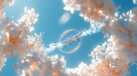 Airplane in the sky with white flowers. 3D illustration.の写真素材