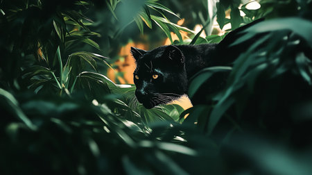 Black cat on the background of tropical leaves. Cat in the garden.の写真素材