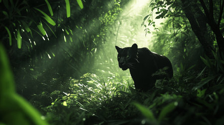 Silhouette of a panther in the jungle with light raysの写真素材