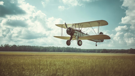 Vintage biplane on the field. Photo in old color image styleの写真素材