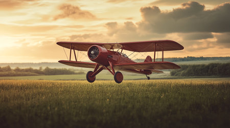 Vintage biplane in the field at sunset. 3d renderingの写真素材