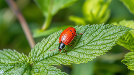red ladybug on a green leaf in nature. close-upの写真素材