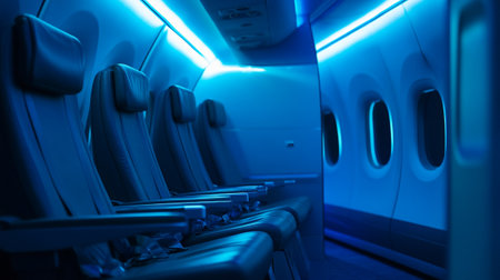 Interior of airplane cabin with blue lights. Empty seats in airplaneの写真素材