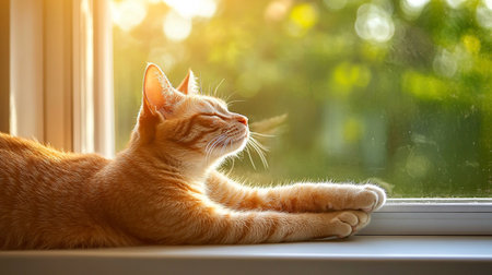 Cute ginger cat lying on the windowsill and looking out the window.の写真素材