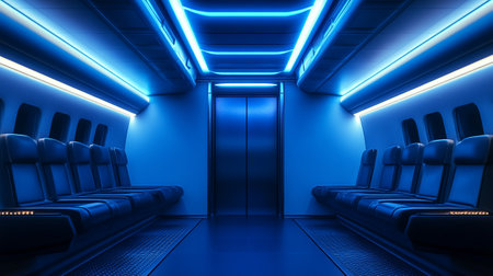Interior of a modern airplane with blue lights. 3d renderingの写真素材