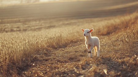 Cute baby lamb standing in a wheat field in the sunset lightの写真素材