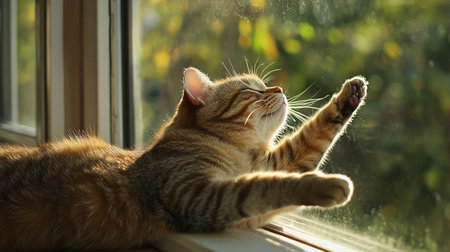 Cute cat lying on the windowsill and looking out the windowの写真素材