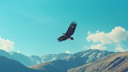 Eagle flying in the blue sky with mountains in the background.の写真素材