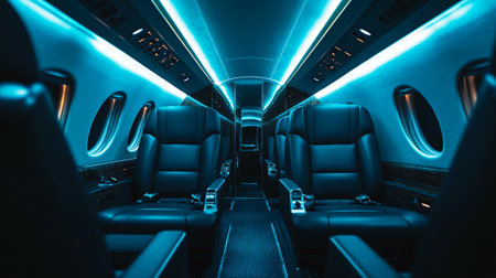 Interior of an airplane with seats and blue lights. 3d renderingの写真素材