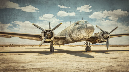 old airplane in the desert, vintage toned image with space for textの写真素材