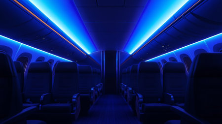 Interior of the airplane with blue lights and seats. 3D renderingの写真素材