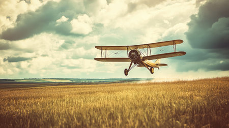 Vintage airplane in the field. Retro style toned picture.の写真素材