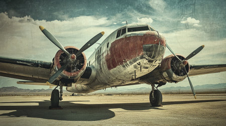 Vintage airplane on the airfield. Retro style toned imageの写真素材