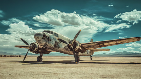 Old airplane in the desert. Retro style toned image. Toned.の写真素材