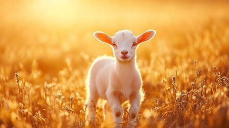Cute little lamb on a meadow in the rays of the setting sunの写真素材