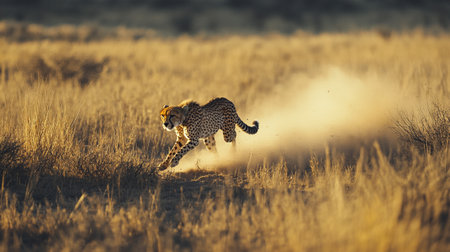 Cheetah running through dust in Etosha National Park, Namibiaの写真素材