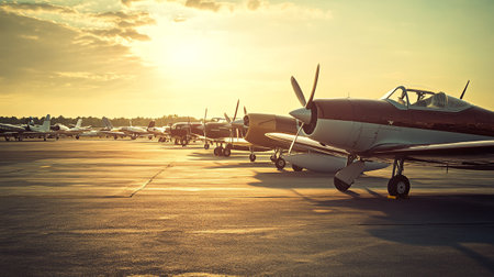 Vintage airplane parking on the ground in the airport at sunset.の写真素材