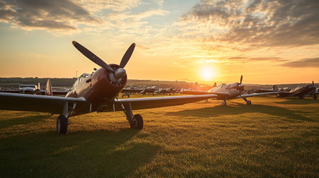Vintage airplane at the airport at sunset. Travel and tourism conceptの写真素材