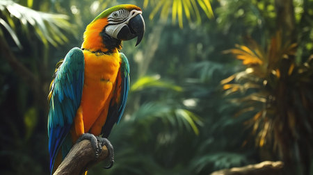Colorful macaw parrot sitting on a branch in the forestの写真素材