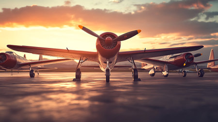 Vintage airplane on the runway at sunset. 3d rendering.の写真素材