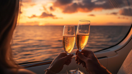 Couple toasting with champagne flutes on a yacht at sunsetの写真素材