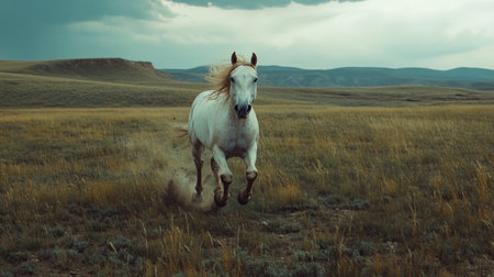 White horse galloping in the steppe on a cloudy day.の写真素材