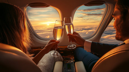 Couple in plane drinking champagne and looking at beautiful sunset above cloudsの写真素材