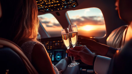 Couple in a plane holding champagne flutes and looking at sunsetの写真素材