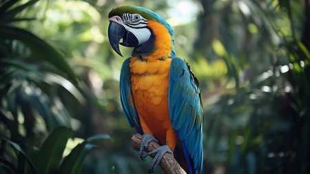 Beautiful macaw parrot sitting on a branch in the jungleの写真素材