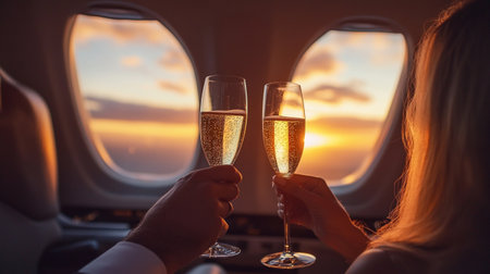 Couple in the plane clinking glasses with champagne at sunset.の写真素材