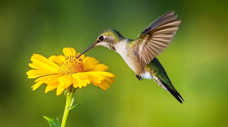 Ruby-throated Hummingbird (archilochus colubris) feeding on a yellow flowerの写真素材