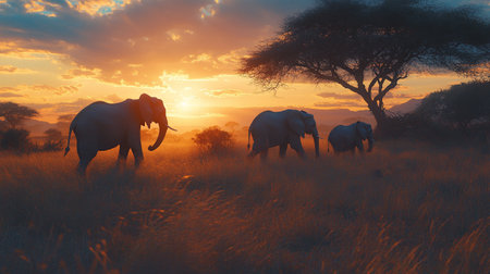Elephants in the savannah at sunset, Tsavo East National Park, Kenyaの写真素材