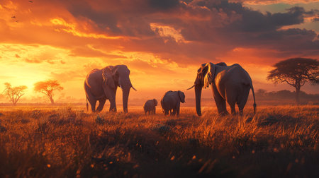 Elephants at sunset in Chobe National Park, Botswana, Africaの写真素材