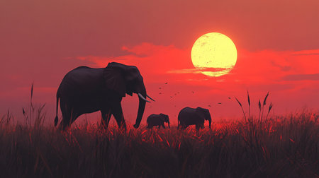 Elephants in the savannah at sunset, 3d renderの写真素材